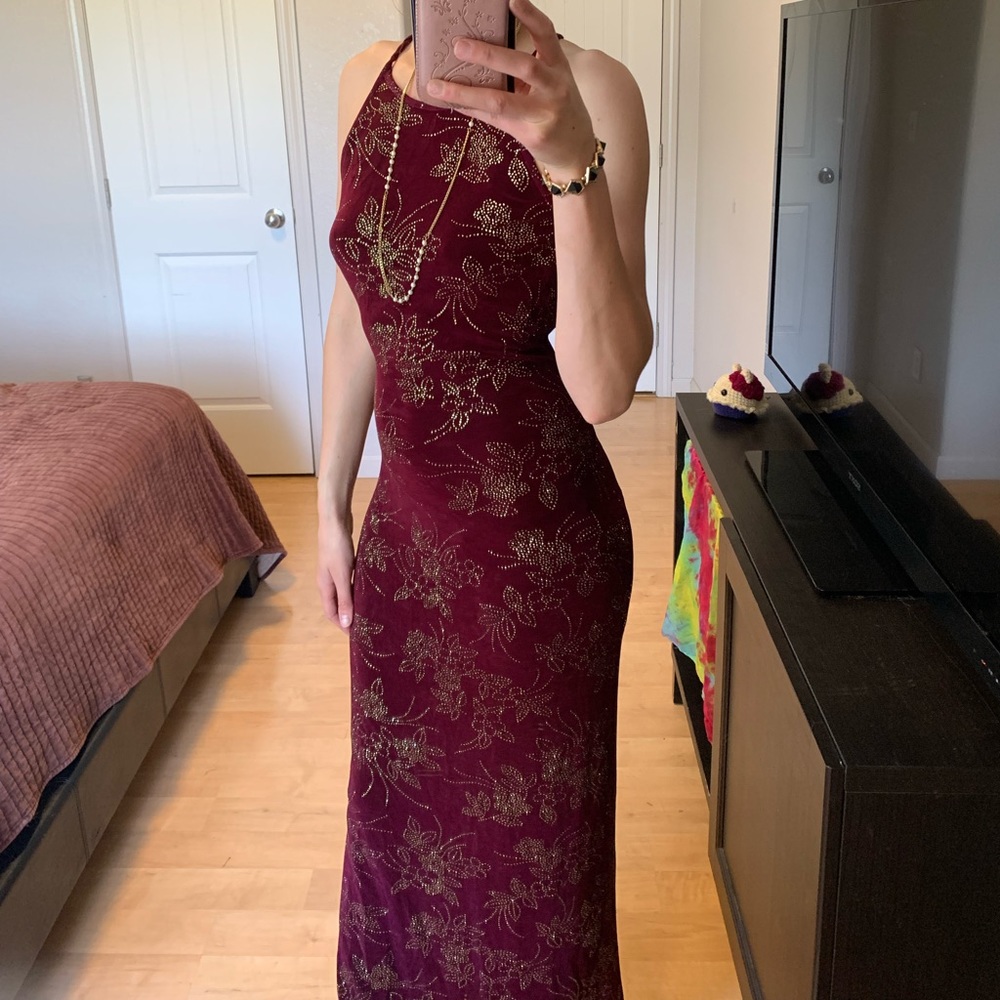 Maroon and gold formal gown